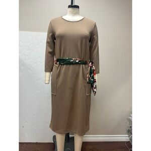 Zara Brown midi dress with floral belt